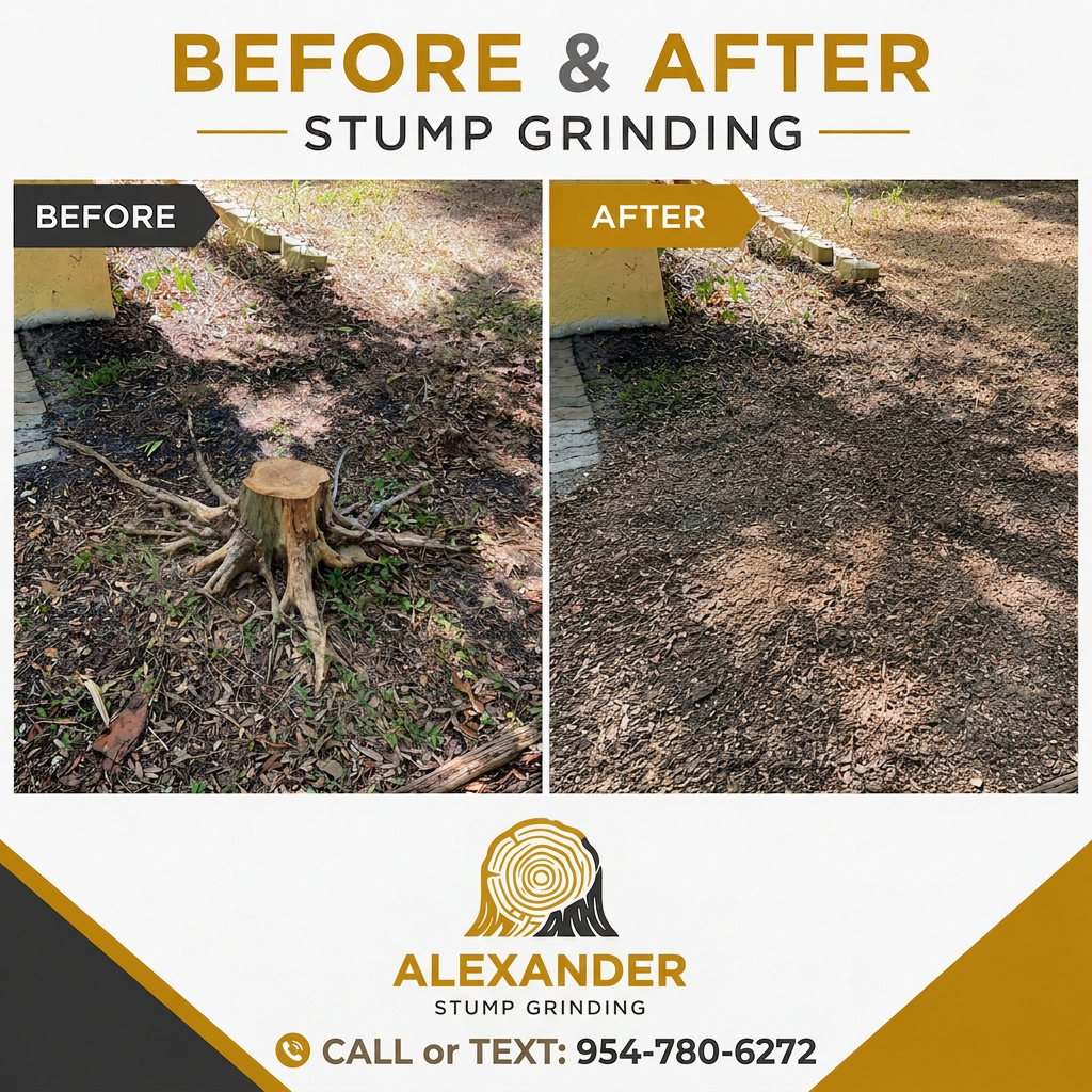 Before and after stump grinding: a stump with exposed roots ground down to level, clean wood chips.