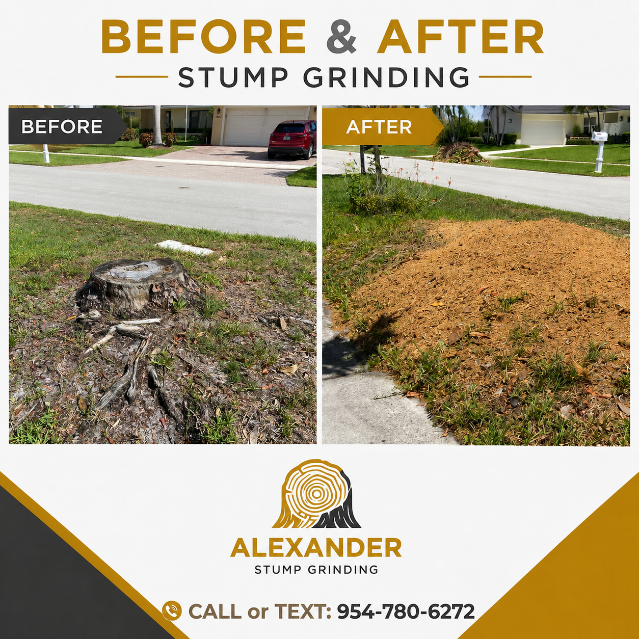Before and after stump grinding in a landscaped yard