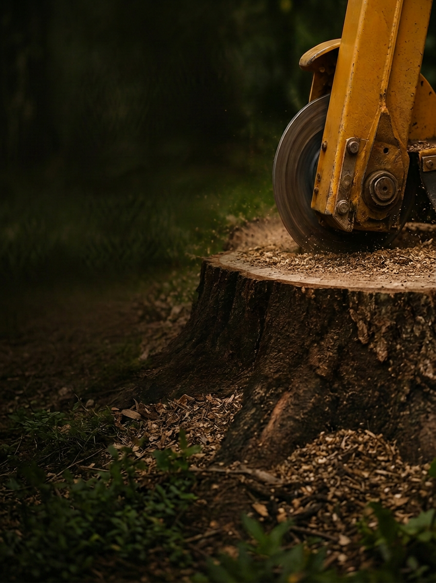 A professional stump grinder machine grinding a tree stump with wood chips flying in a wooded area