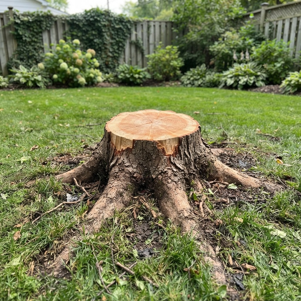 The whole stump is in frame, well-lit, and you can see the roots spreading into the ground.
